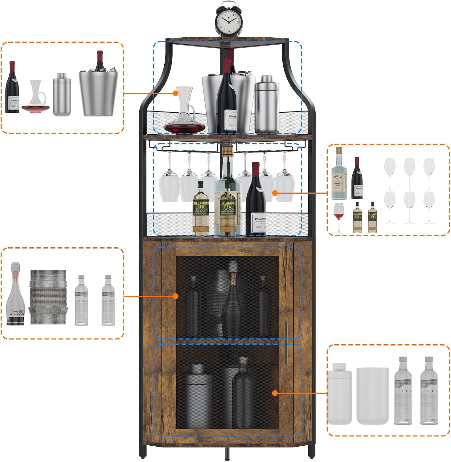 Corner Wine Cabinet Removable Design with Glass Shelves Mesh Doors Compact Sideboard and Buffet Cabinet Ideal for Home Bar and Living Room Storage