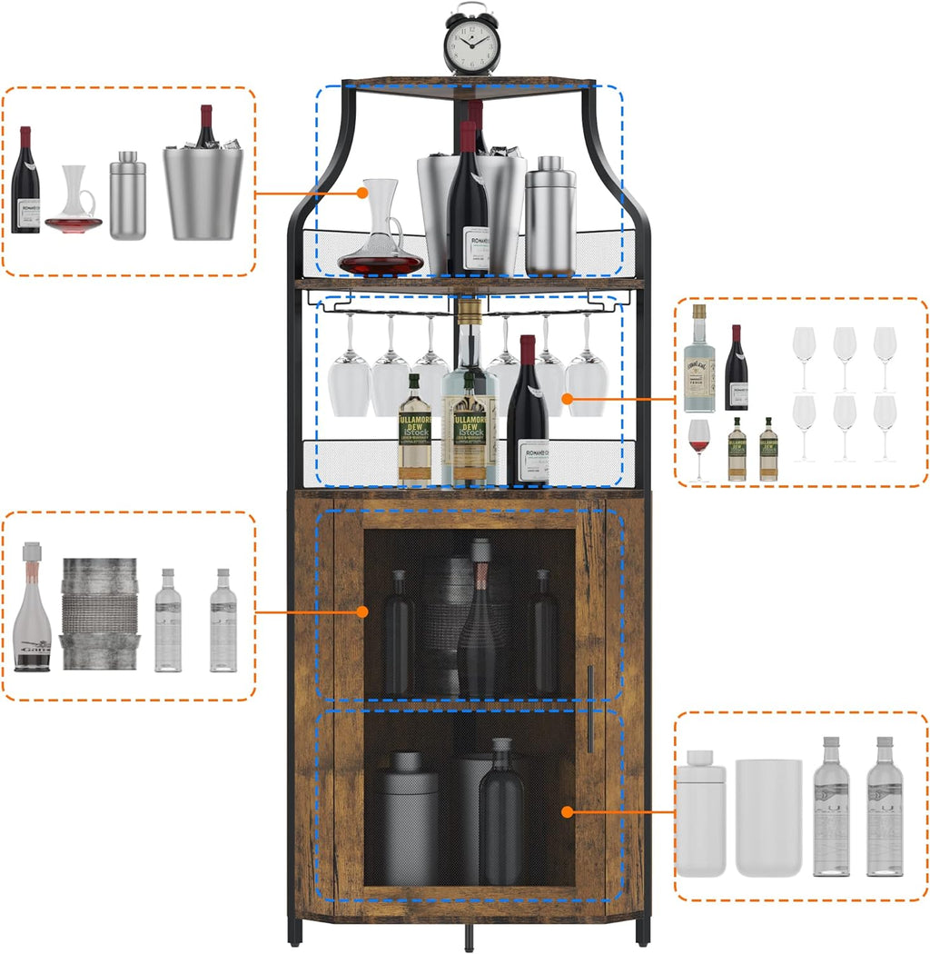 GAOMON Wine Corner Cabinet with Removable Wine Rack, Wine Cabinet and Wine Glass Bar Cabinet with Glass Rack and Mesh Door, Wine Cabinet with Reasonable Functional Partitioning (Retro Brown)