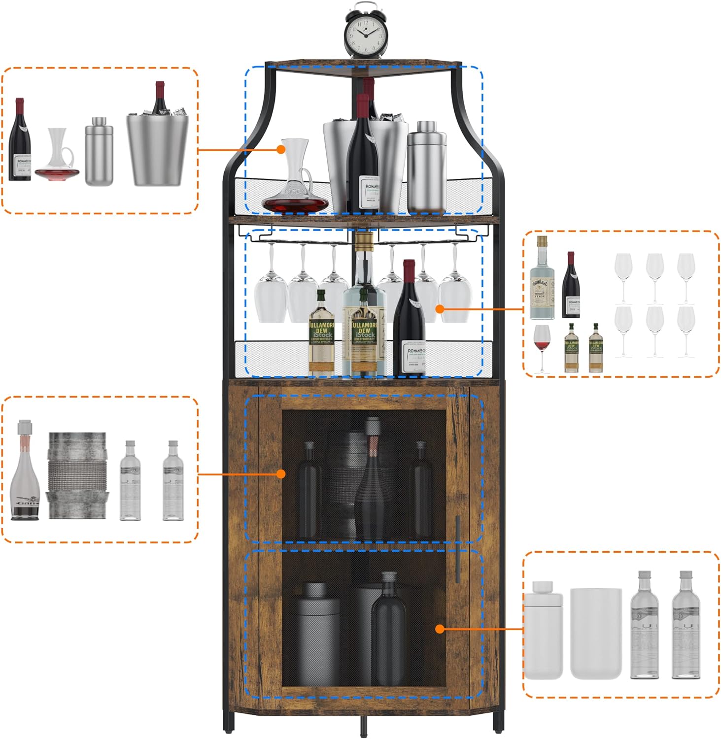 GAOMON Wine Corner Cabinet with Removable Wine Rack, Wine Cabinet and Wine Glass Bar Cabinet with Glass Rack and Mesh Door, Wine Cabinet with Reasonable Functional Partitioning (Retro Brown)