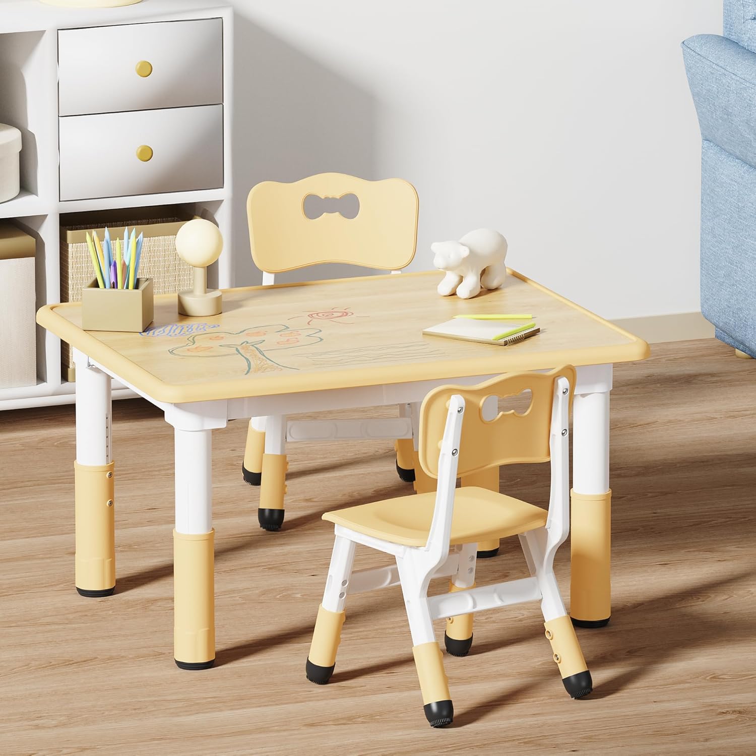 Brelley Kids Table and 2 Chairs Set, Height Adjustable Toddler Desk 31.5" L x 23.6" W and Chair Set, Graffiti Desktop, Classroom/Daycare/Home, Children Multi-Activity Table for Ages 3-8