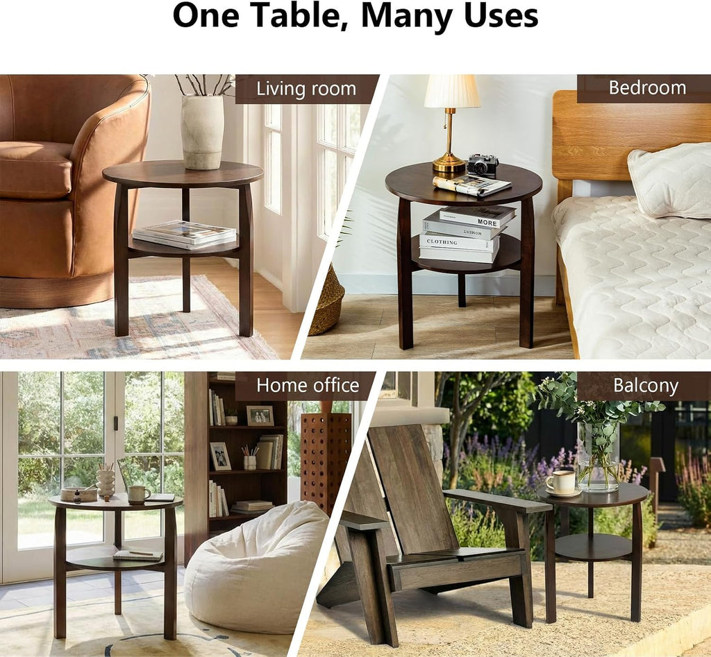 Round Side Table with 2-Tier Shelf Wood End Table | Mid Century Modern Accent Table for Living Room Solid Wood Nightstand for Bedroom Easy Assembly 22.8"D x 23.6"H Walnut