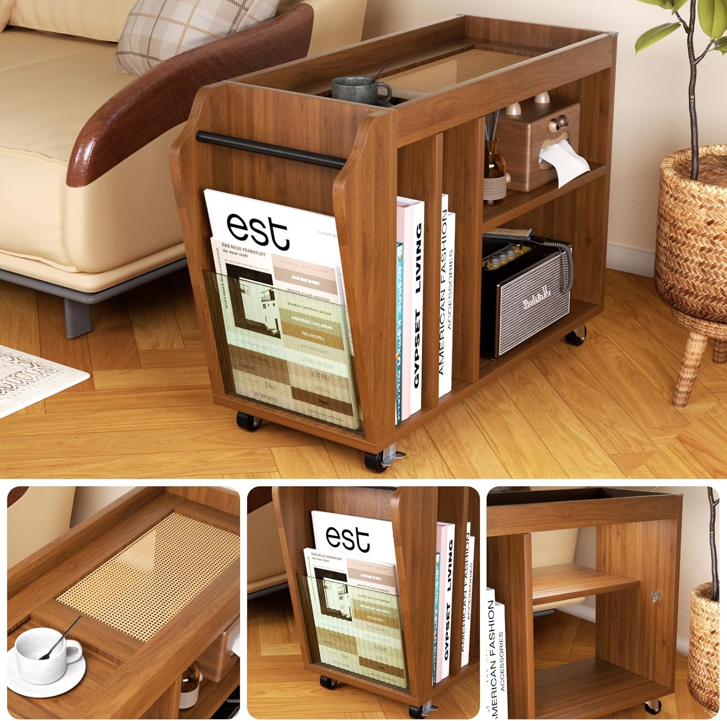 Narrow Side Table Slim End Table with Brakeable Wheels, 6 Storage Compartments & Removable Tray, Multifunctional Nightstand Bedside Table for Living Room Sofa Bedroom (Brown)