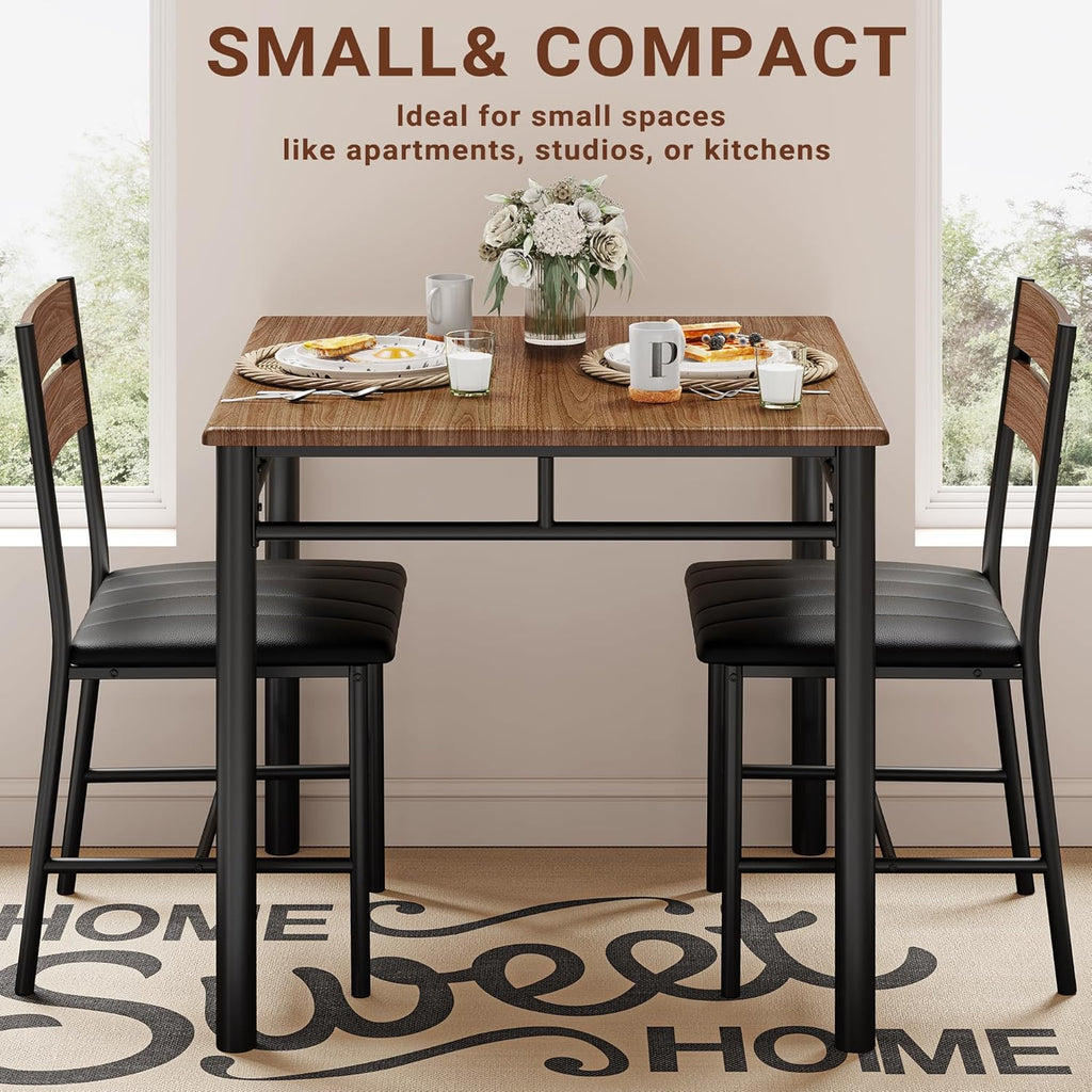 IRONCK Dining Table Set for 2, Small Kitchen Table with Upholstered Chairs for Kitchen & Dining Room, Compact Dining Set for Small Spaces, Walnut