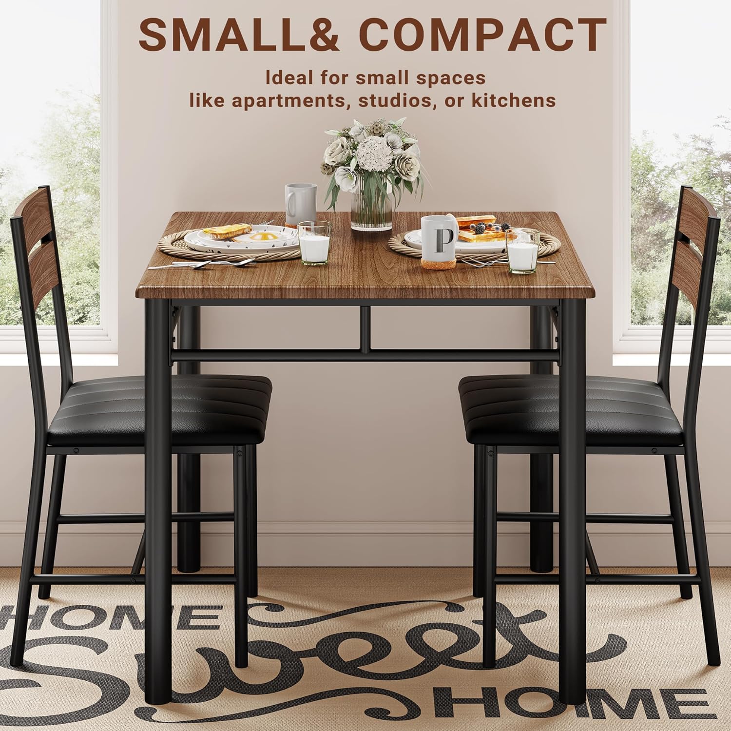 IRONCK Dining Table Set for 2, Small Kitchen Table with Upholstered Chairs for Kitchen & Dining Room, Compact Dining Set for Small Spaces, Walnut