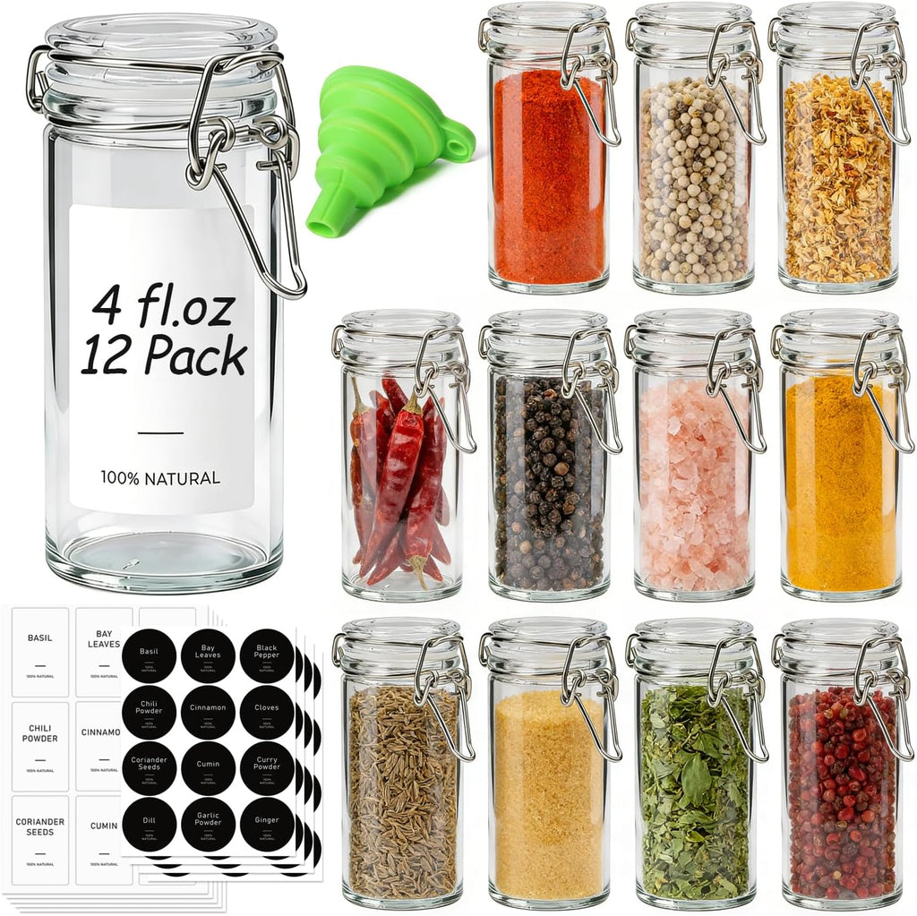 ComSaf 12 Pack 4 oz Glass Spice Jars with Airtight Swing Top Lids, Small Clear Containers for Pantry Organization, Herb Storage, DIY Crafts & Gifts - Complete Set Includes Funnel & Spice Labels
