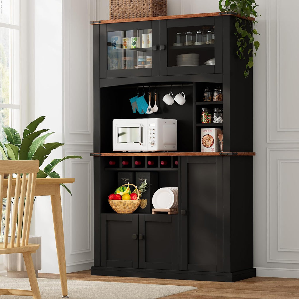 Einhomn 71" Tall Kitchen Pantry Cabinet with Charge Station, 3 Adjustable Shelves, Wine Rack and Glass Door, Kitchen Hutch for Dining Room, Kitchen and Living Room, Black