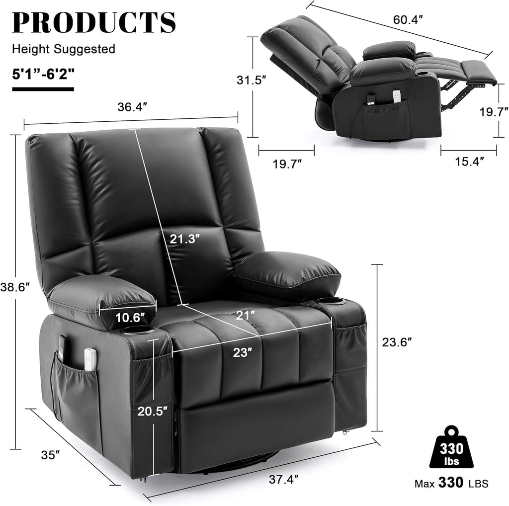 Oversized Recliner Chairs for Adults, 270° Swivel Rocker Recliner with Heat and Massage Lazy Boy Recliner, Recliner Chairs Single Sofa Seat with Cup Holders (Black, Electric)