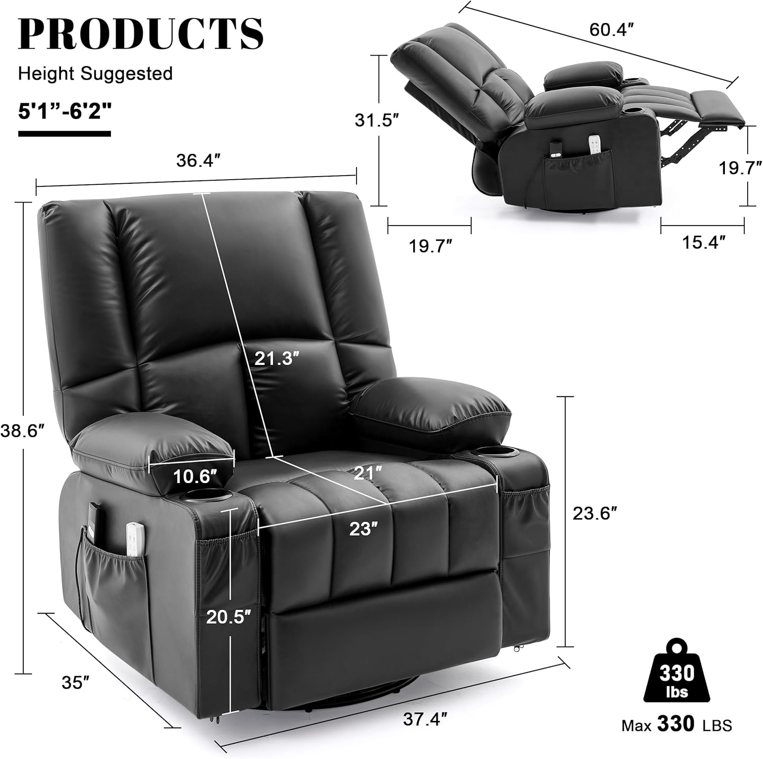 Oversized Recliner Chairs for Adults, 270° Swivel Rocker Recliner with Heat and Massage Lazy Boy Recliner, Recliner Chairs Single Sofa Seat with Cup Holders (Black, Electric)