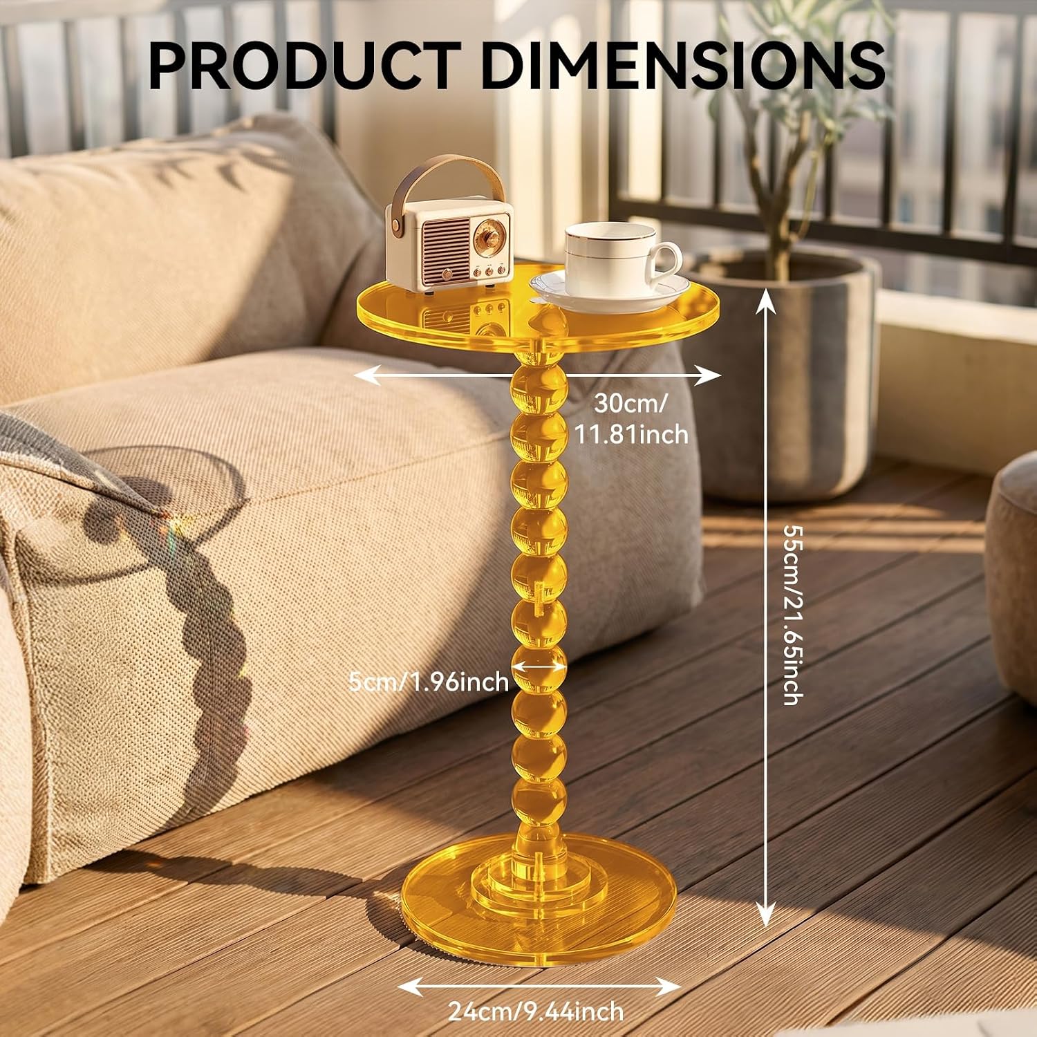Acrylic Round Side Table Clear End Stand with Column Base Transparent Modern Pedestal Drink Storage Small Space Bedside Nightstand for Living Room Bedroom Balcony Home Decor Orange