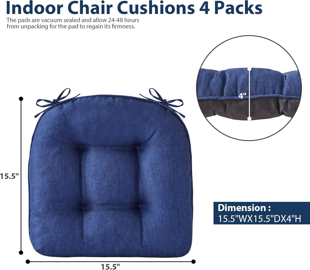 IASEAHK Chair Cushions for Dining Chairs, Seat Cushions for Kitchen Chairs, Indoor Seat Cushions with Ties, Tufted Foam Chair Pads, Non Slip Chair Cushions Set of 4, 15.5" x 15.5" x 4", Navy Blue