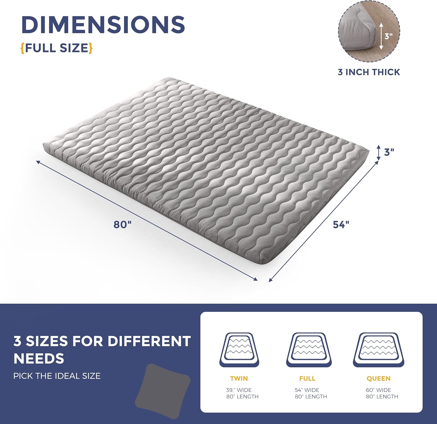 MAXYOYO Japanese Floor Futon Mattress Full Size, 3" Thicken Tatami Sleeping Pad Foldable Roll Up Mattress, Portable Floor Mattress Pad for Adults, Guest Room, Camping, Grey
