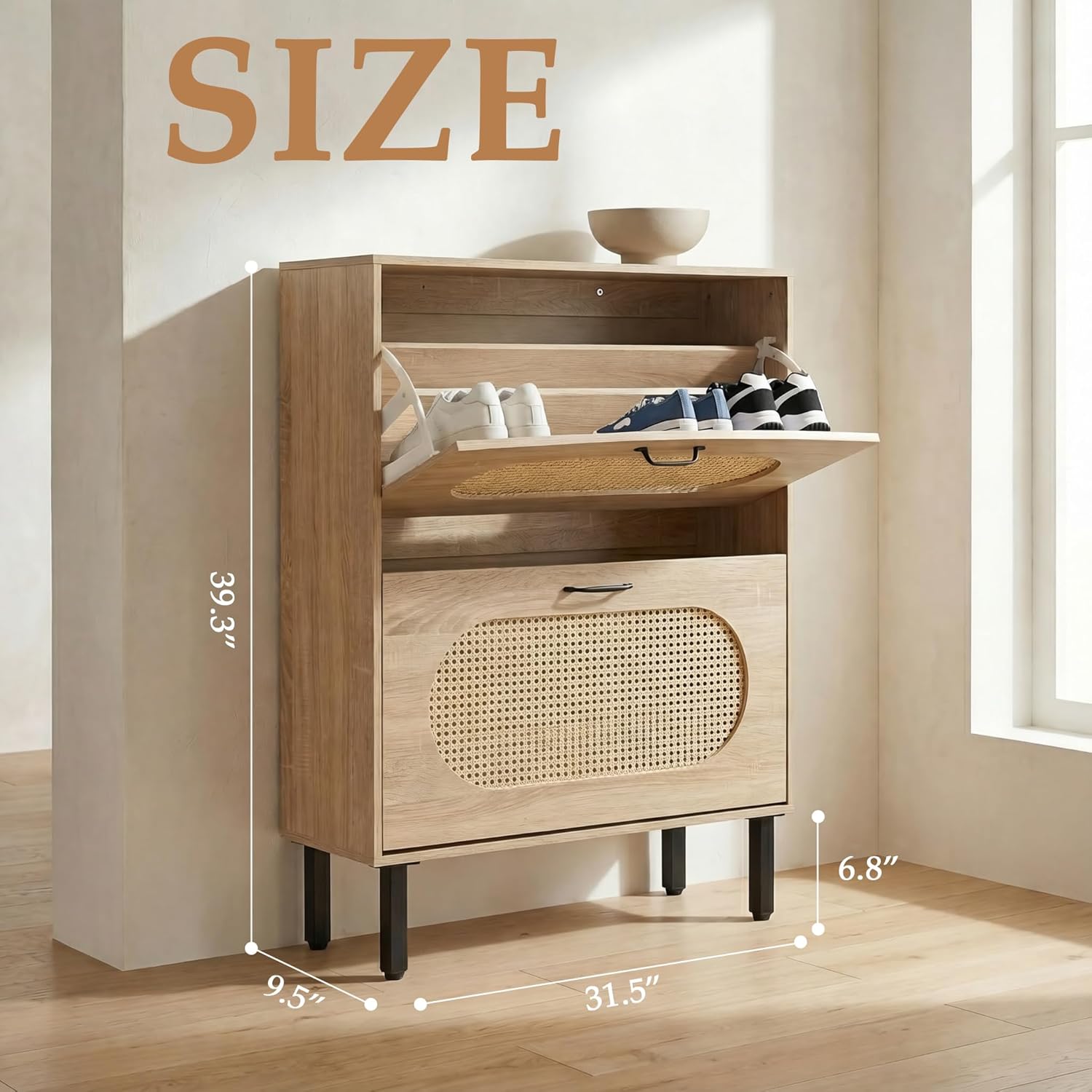 SUNCROWN 2 Flip Drawers Shoe Storage Cabinet, Freestanding Narrow Entryway Organizer, Natural Semi-Circular Rattan Doors, Adjustable Shelves & Anti-Tip Kit, Brown