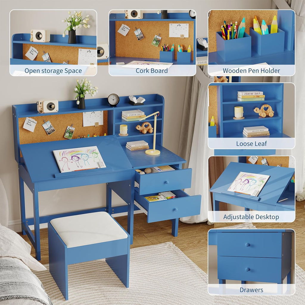 Garvee Kids Desk and Chair Set, Wooden Study Table with Adjustable Tilt Desktop, Drawers & Cork Board - Children School Learning Desk Set for Boys & Girls Ages 3-8, Blue