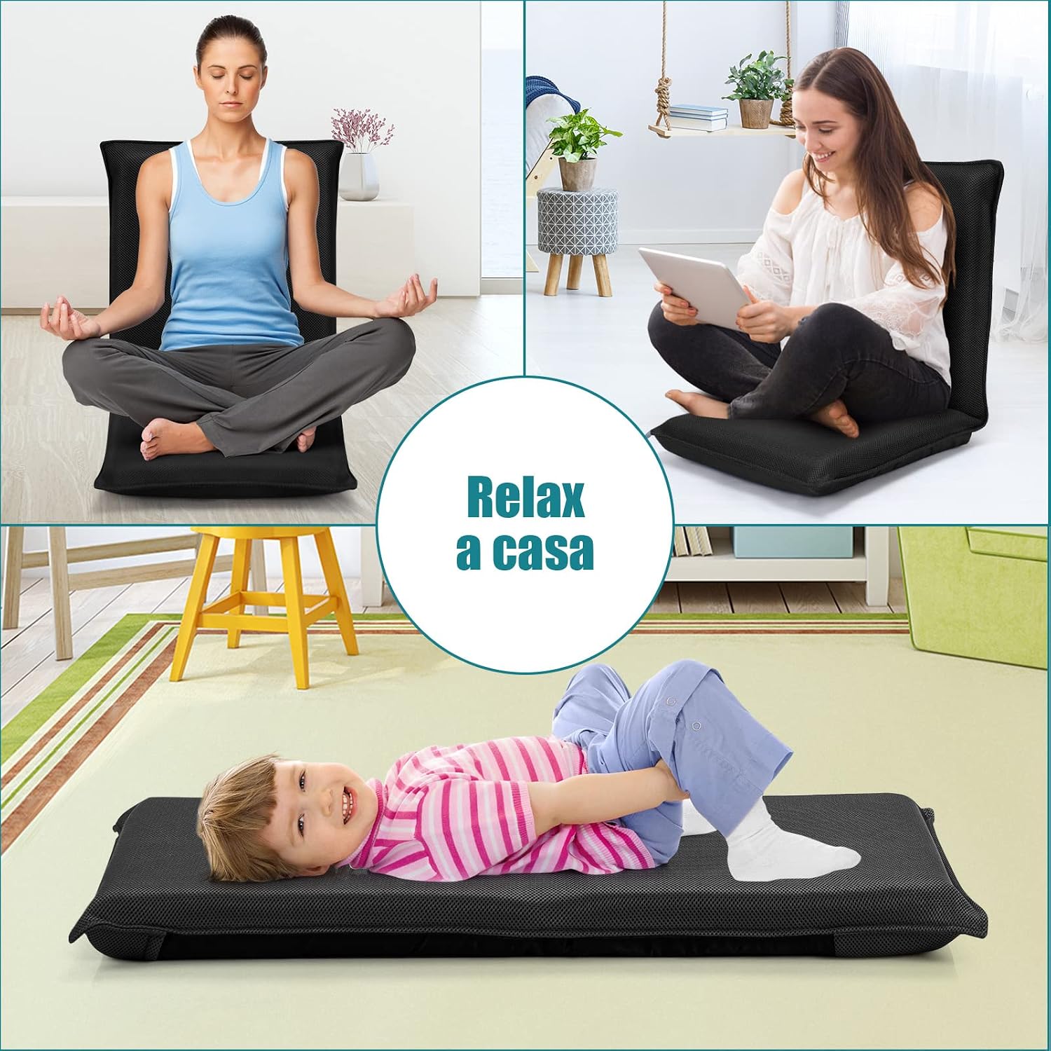 LIFEZEAL Folding Floor Chair, Reading Chair with 6 Positions Adjustable Backrest, Floor Chair with Mesh Surface, for Reading, Meditation, Yoga (Black)