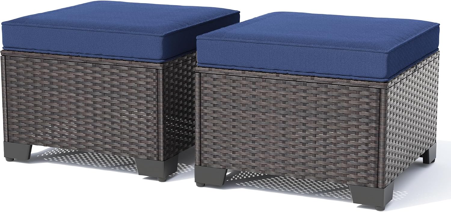 Kullavik Outdoor Ottoman Set of 2,All-Weather PE Wicker Outdoor Footstool with Thickened Cushions for Garden,Backyard,Deck,Porch,Poolside,Navy Blue