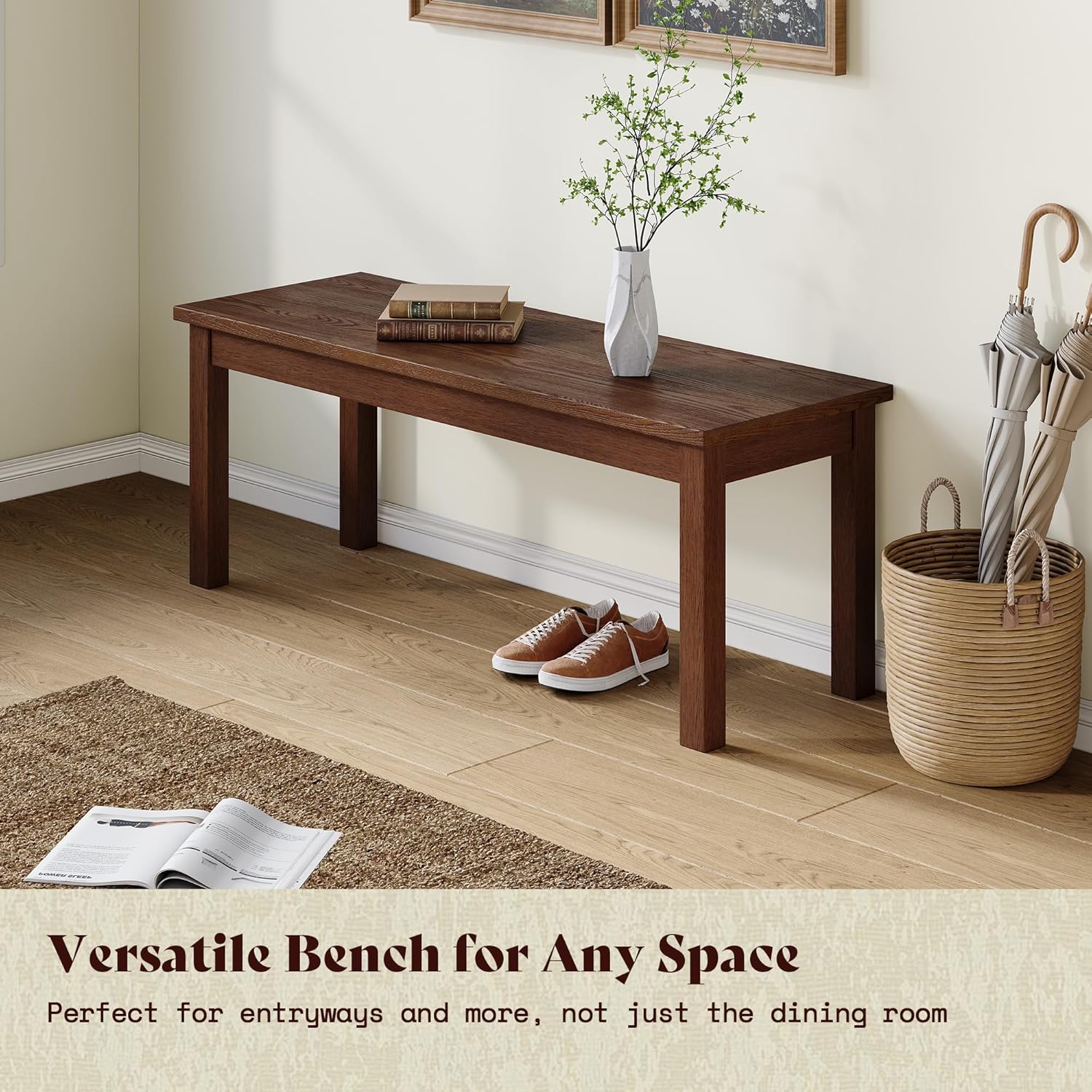 AMERLIFE 6-Piece Farmhouse Dining Table Set, 59" Wooden Kitchen Table with 4 Chairs and Bench, Space-Saving Rustic Dining Room Set for 6, Walnut