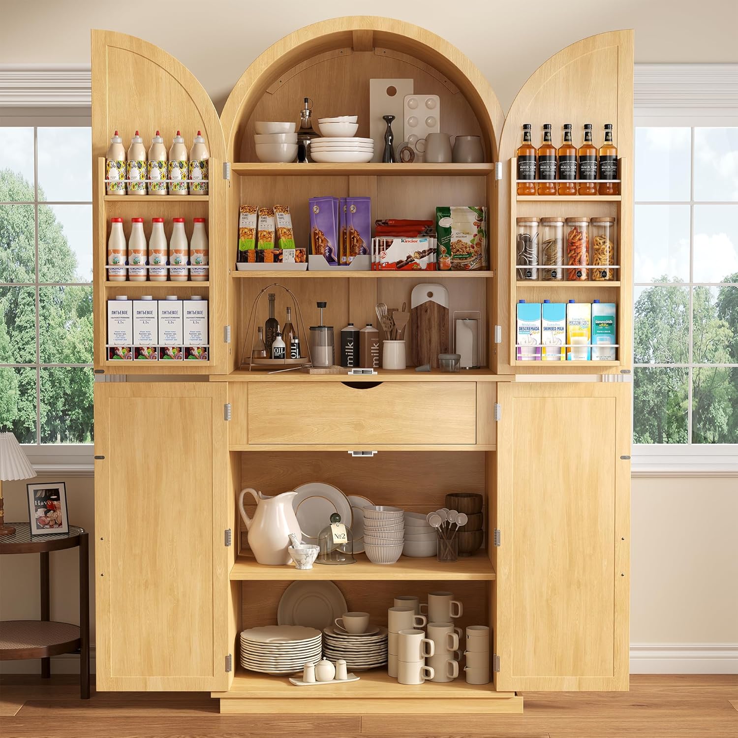 iPormis 71" Tall Arched Cabinet with Doors, Farmhouse Kitchen Pantry with 6-Tier Door Shelves & Drawer & Adjustable Shelves, Modern Wood Storage Cabinet for Dining Room, Living Room, Bathroom, Natural