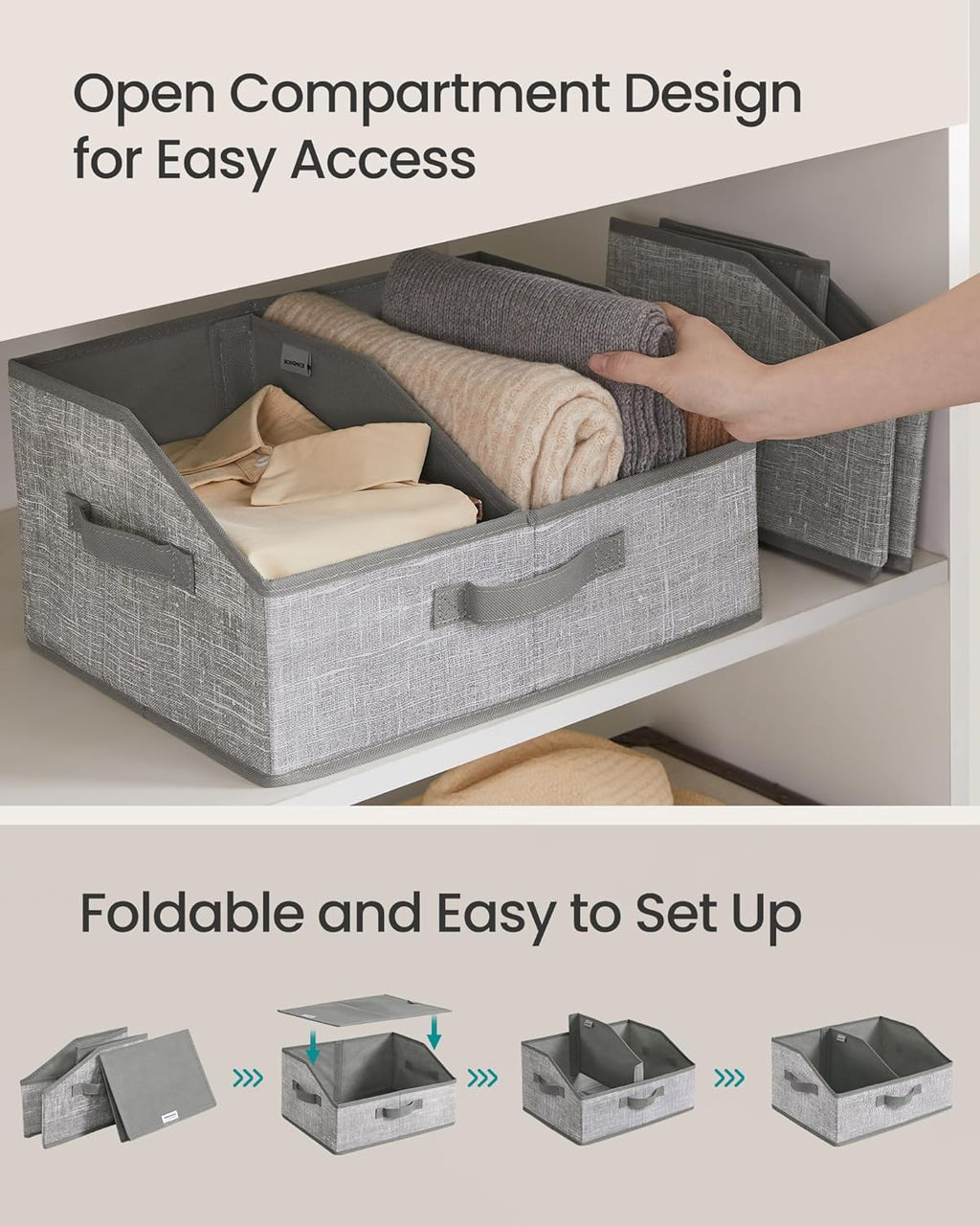 SONGMICS Set of 6 Storage Baskets, Foldable Storage Bins with Removable Dividers, Fabric Boxes, 15.7 x 11.8 x 7.9 Inches, Closet Organizers, 3 Handles, for Living Room, Cattail Gray URFB0140G01