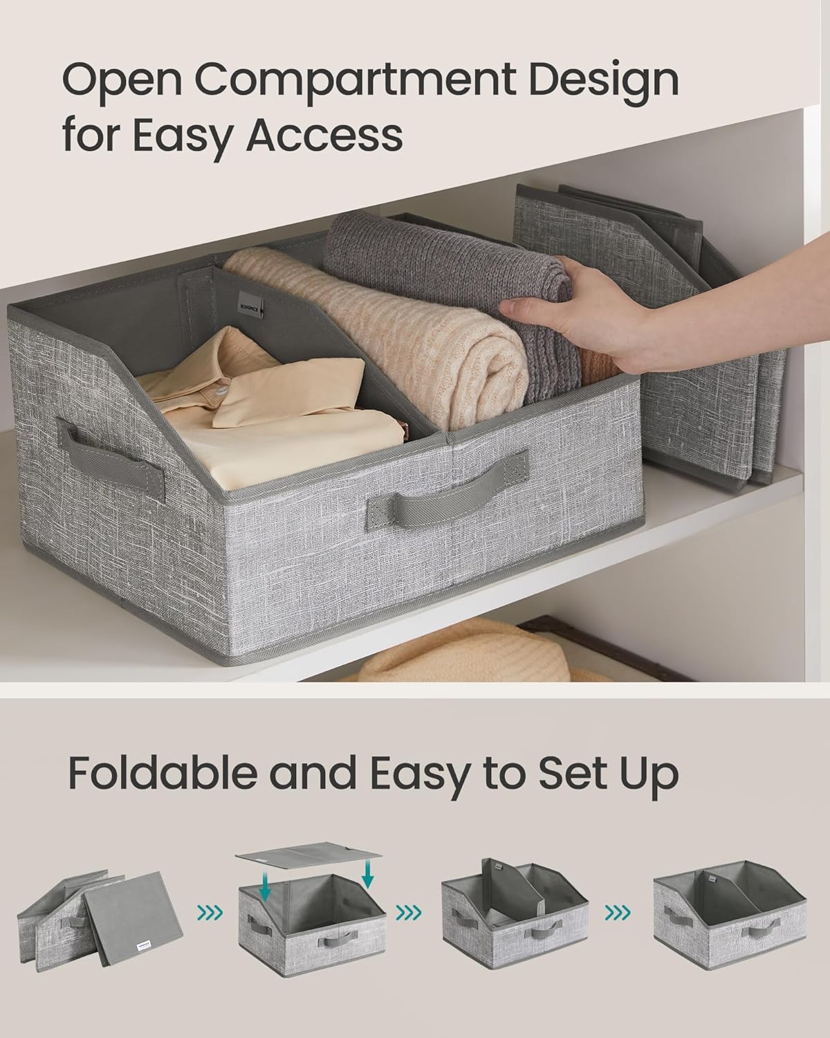 SONGMICS Set of 6 Storage Baskets, Foldable Storage Bins with Removable Dividers, Fabric Boxes, 15.7 x 11.8 x 7.9 Inches, Closet Organizers, 3 Handles, for Living Room, Cattail Gray URFB0140G01
