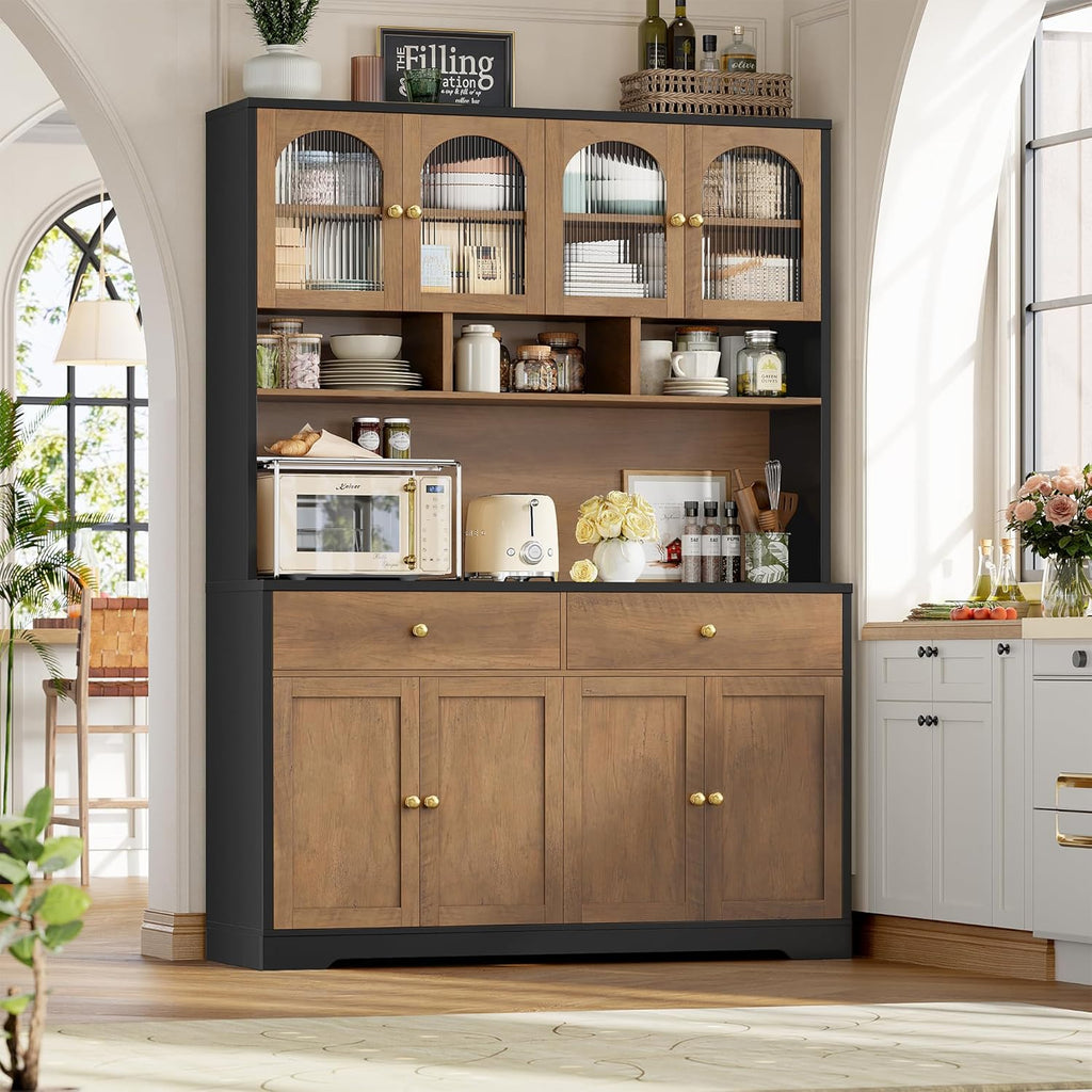 FINETONES 71" Pantry Cabinet, Tall Kitchen Pantry Storage Cabinet with Charging Station, 47.2" Wide Kitchen Hutch Food Storage Cabinets with Open Countertop for Dining Room, Black/Brown