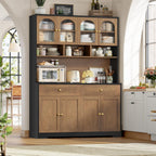 FINETONES 71" Pantry Cabinet, Tall Kitchen Pantry Storage Cabinet with Charging Station, 47.2" Wide Kitchen Hutch Food Storage Cabinets with Open Countertop for Dining Room, Black/Brown
