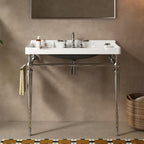 Yayzy 36” Bathroom Vanity with White Ceramic Sink, Wall-Mounted Console Style, Silver-Finish Stainless Steel Legs & Towel Bar, 3 Faucet Holes, No Faucet