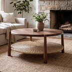 Round Coffee Table with Woven Storage Shelf, Mid-Century Modern 2-Tier Wood Center Table, Boho Coastal Circle Coffee Table for Living Room Office, Walnut Brown