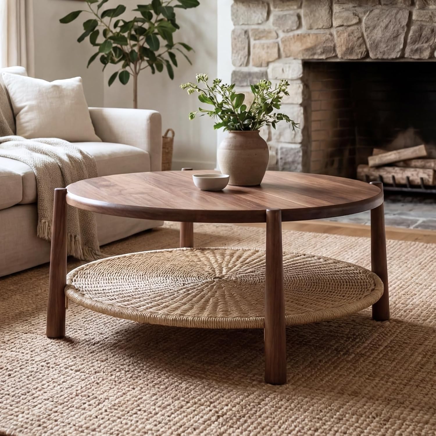 Round Coffee Table with Woven Storage Shelf, Mid-Century Modern 2-Tier Wood Center Table, Boho Coastal Circle Coffee Table for Living Room Office, Walnut Brown
