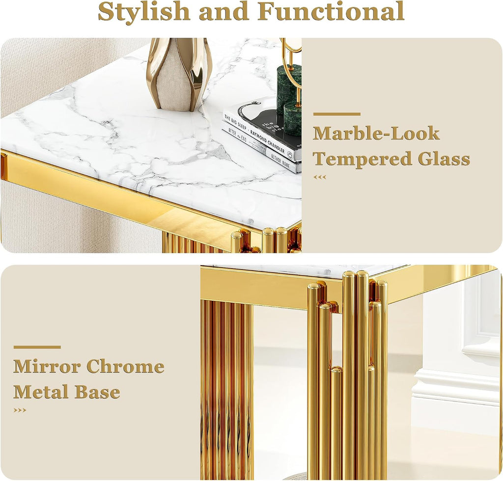 19" Square White Faux Marble End Table with Gold Mirror-Finish Stainless Steel Frame, Luxury Modern 2-Tier Side Table for Living or Bedroom