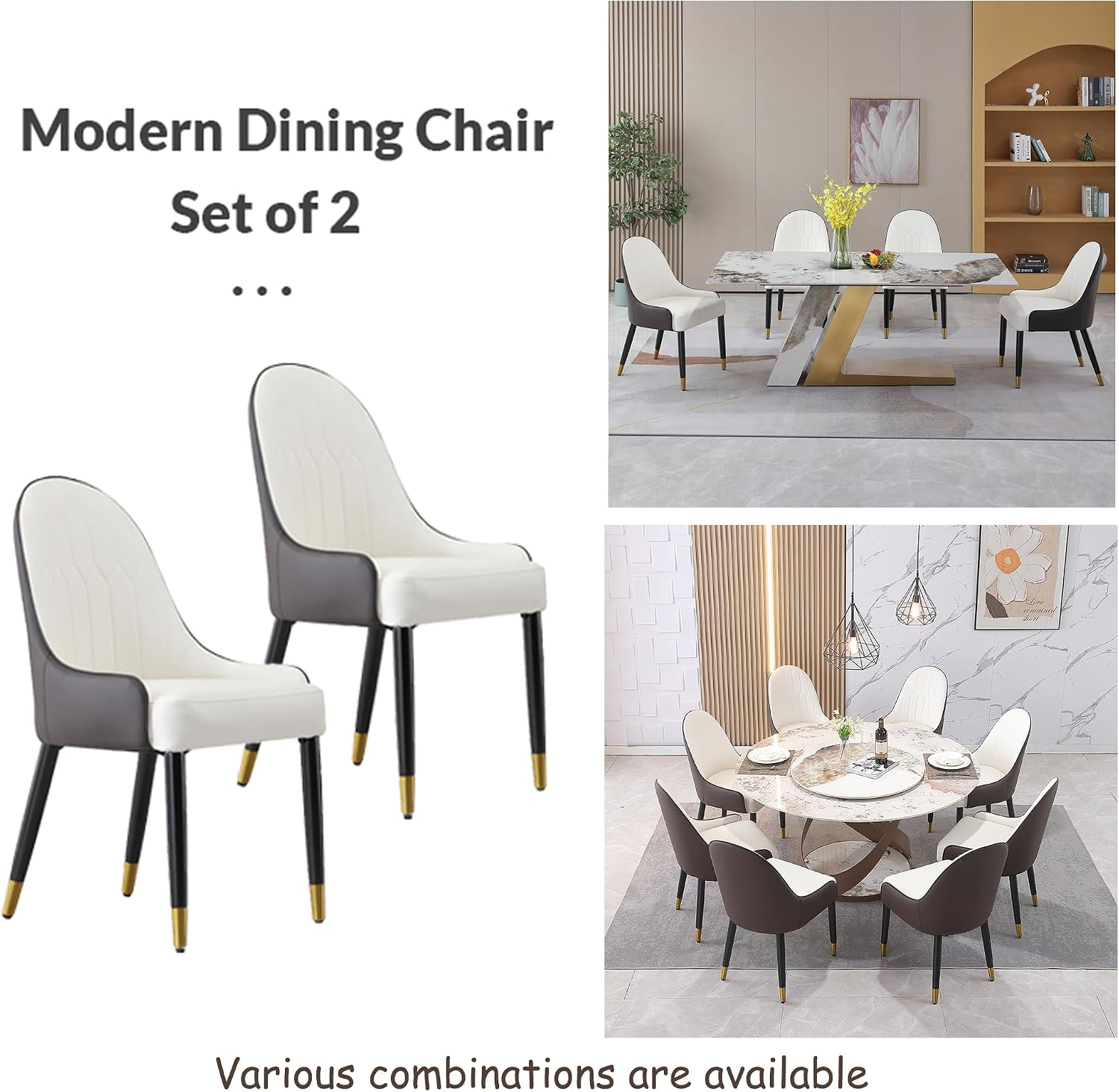 Modern Dining Chairs Set of 2, PU Cushion Accent Side Leisure Chairs with Mid Back, Upholstered Kitchen Chairs with Metal Legs for Living Room, Dining Room