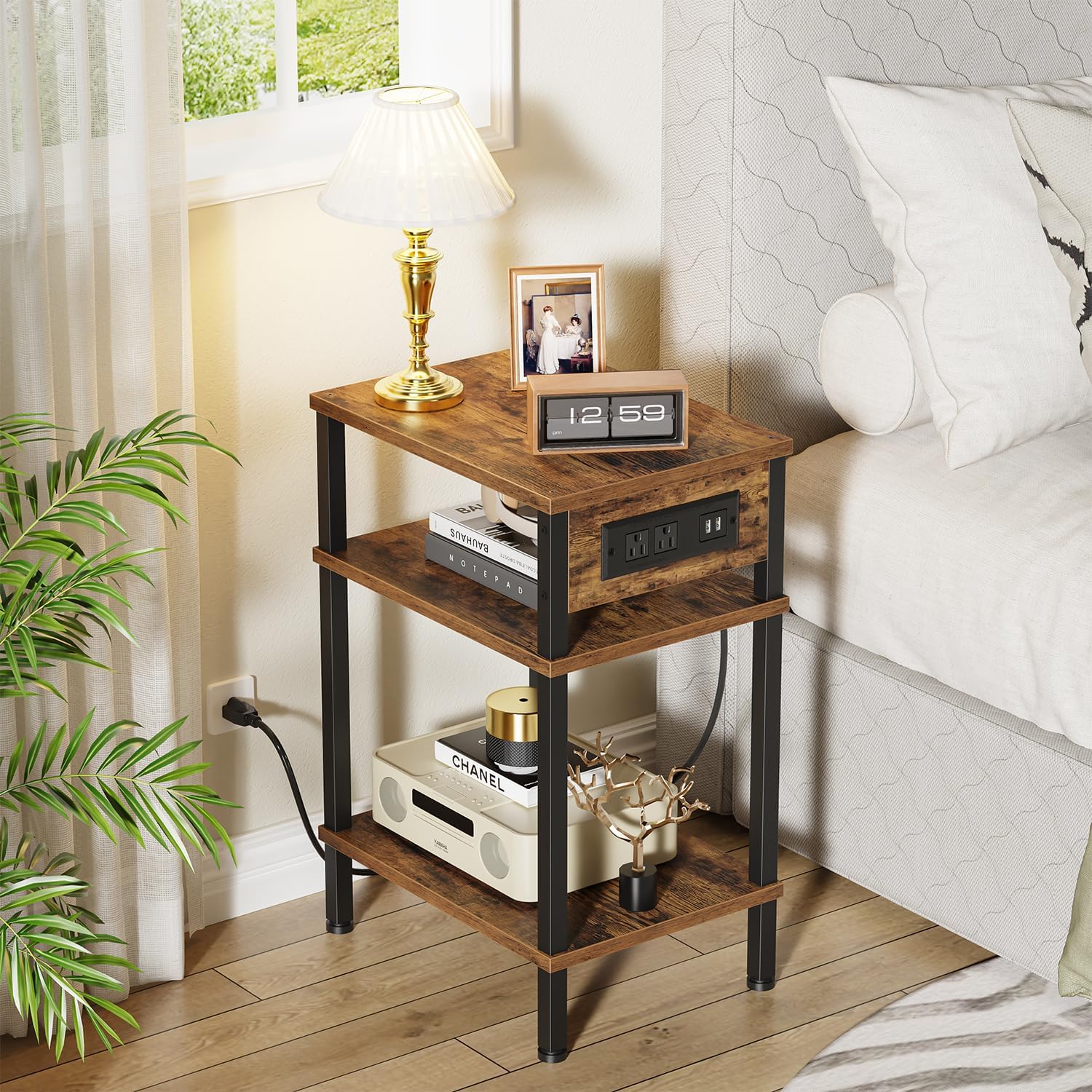 Creso hom Side Table with Charging Station, End Tables Living Room, 21.7 Inch Skinny Night Stand with Storage, Small Bedside Tables for Bedroom, Office, Dorm, Hallway, Rustic Brown