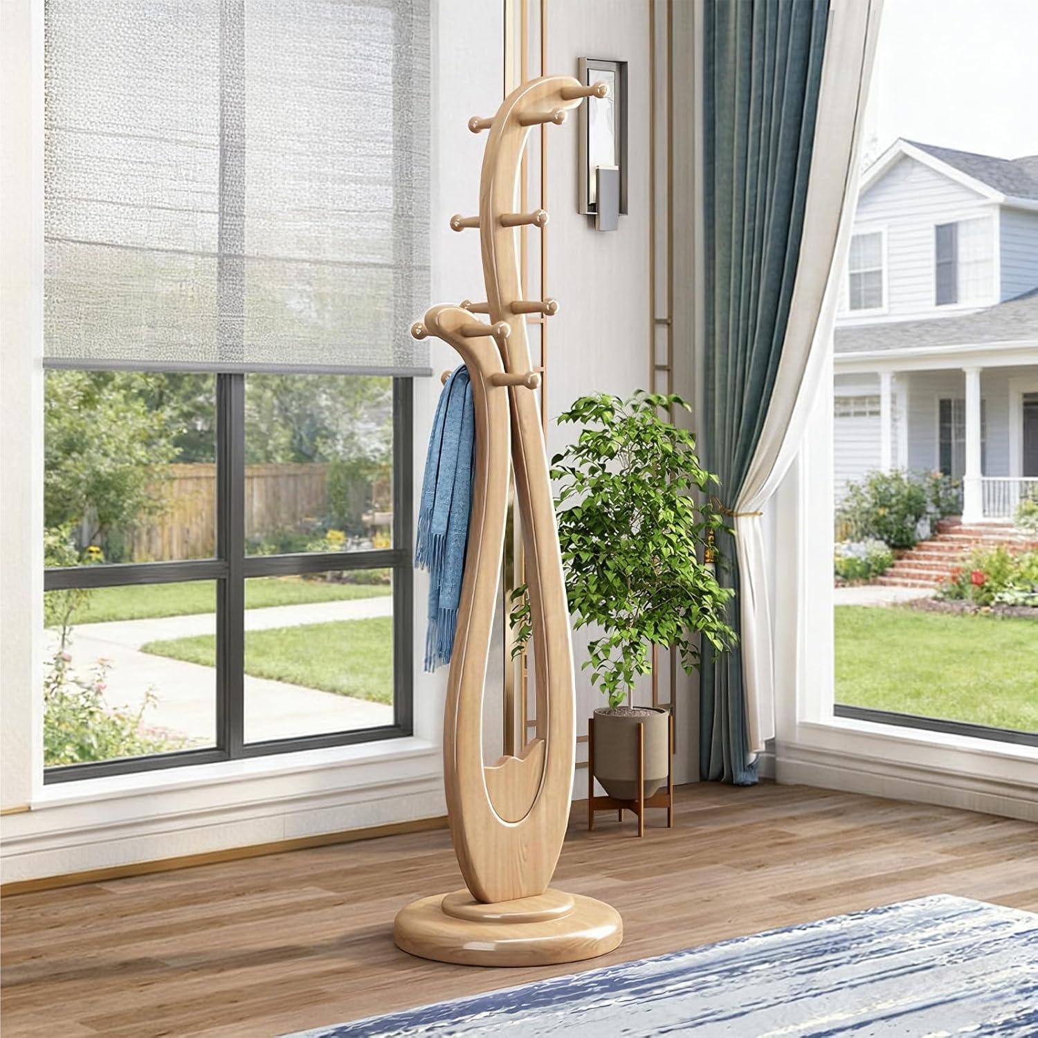 Heavy Duty Solid Wood Coat Rack Freestanding, 67" Artistic Curved Coat Tree with 12 Anti‑Slip Hooks & Stable Base, Sturdy Coat Hanger Stand for Entryway, Bedroom & Office, Vintage Natural Wood