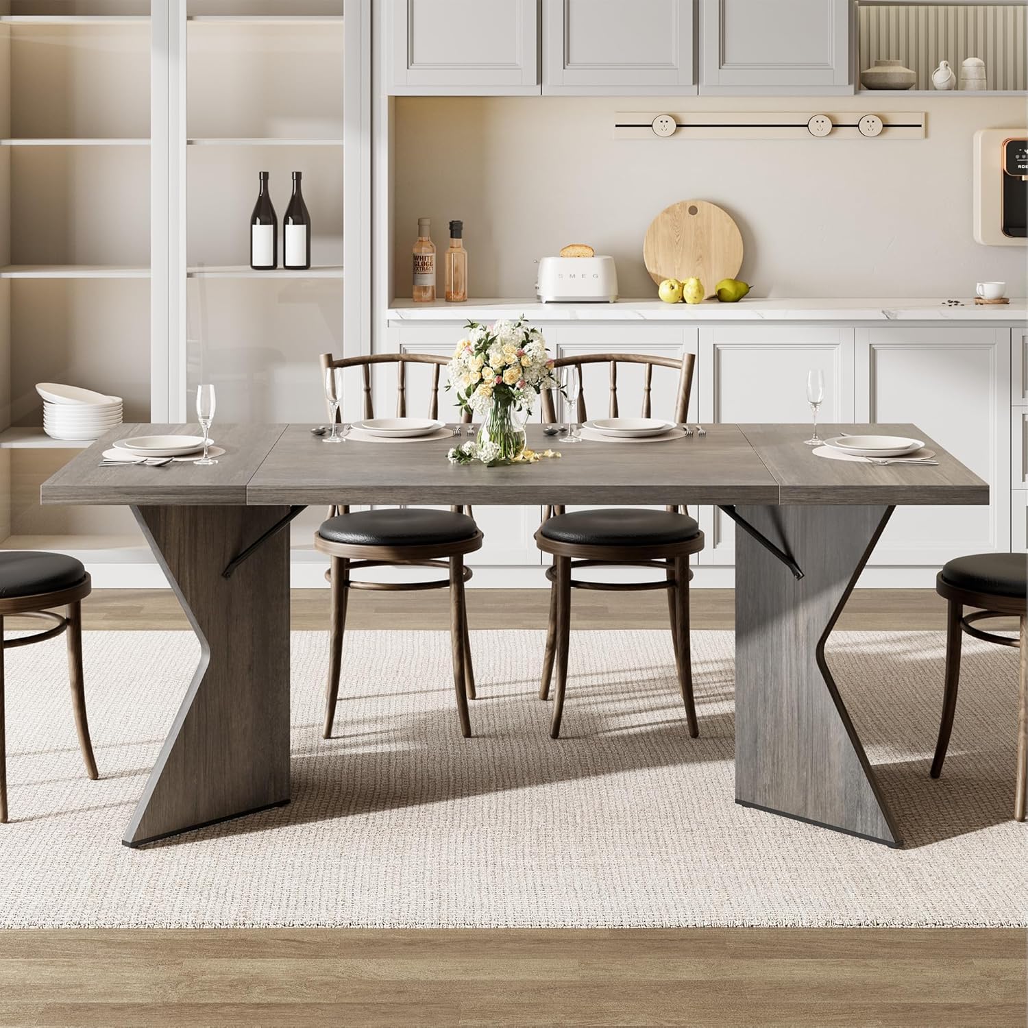 GarveeHome 70.9'' Dining Table for 6, Farmhouse Rectangular Kichen Table with Sturdy Frame and “V” Leg, Wooden Thickened Long Desk and Dinner Desk for Dining Room, Kitchen, Office, Game Room(Grey)