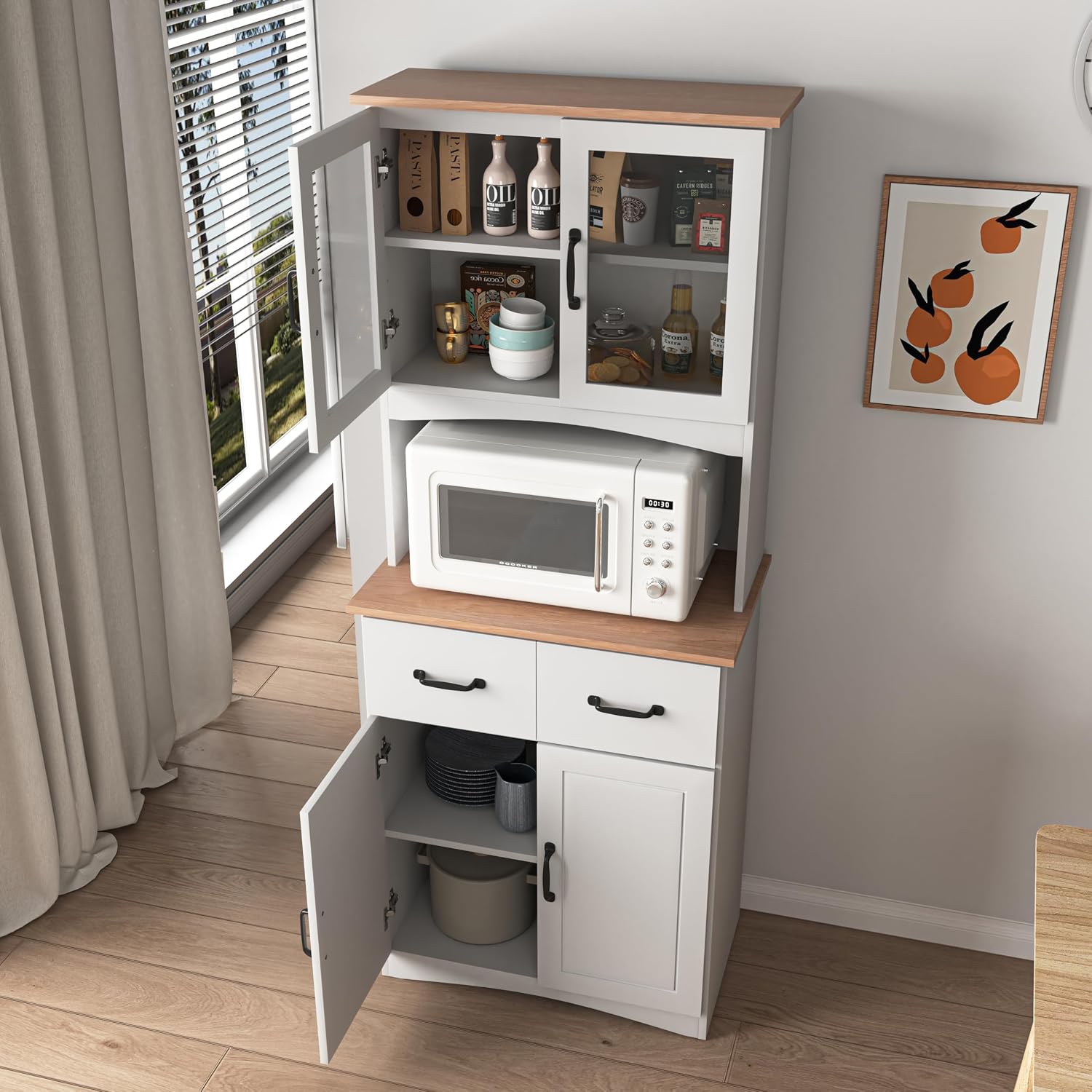 Kitchen Pantry Cabinet, Tall Storage With Doors and Adjustable Shelves, White 67" MDF Wood Hutch, FreeStanding Cupboard With Drawer, Microwave Storage for Kitchen Dining Room