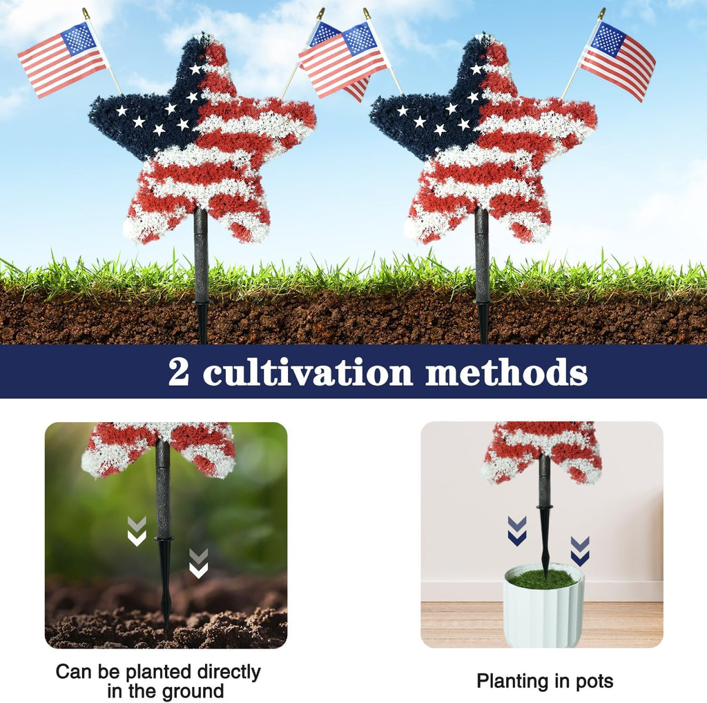 2 Pack Star Topiary Trees for 4th of July Decoration, Outdoor Artificial Plant with Pot & Ground Spike, Front Porch Star Shaped Patriotic Decor w/4 USA Flags, for Memorial Day Independence Day