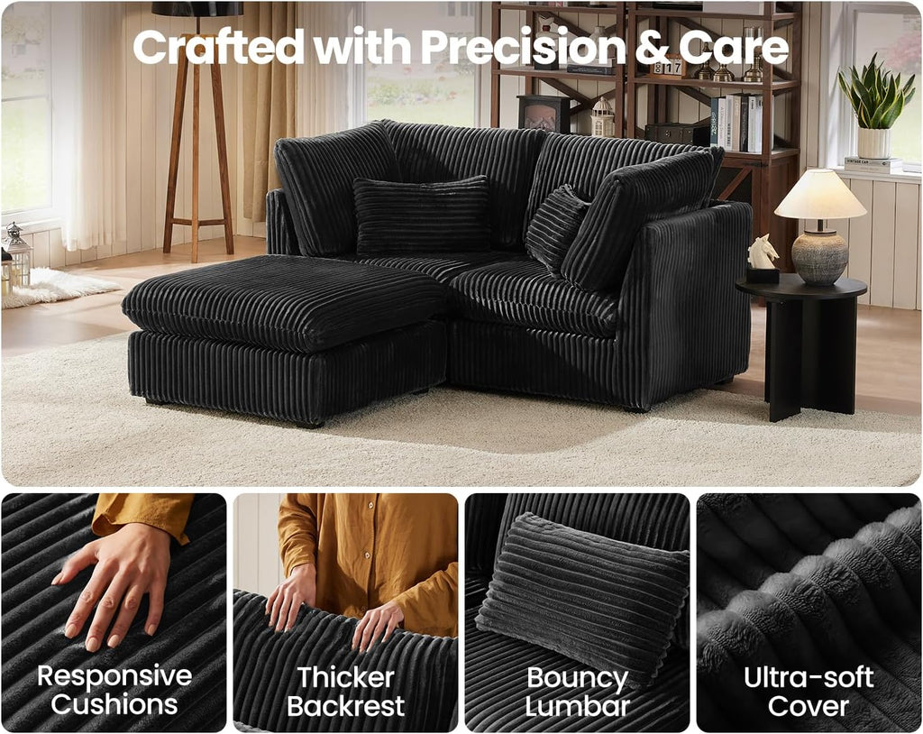 CHIC HOUSE 84" Oversized Corduroy Modular Sectional Sofa, Extra Deep 3-Seater Sofa Fluffy Cloud Couch with Ottoman, Sectional Sleeper Sofa for Living Room, L-Shaped, Plush Corduroy, Black