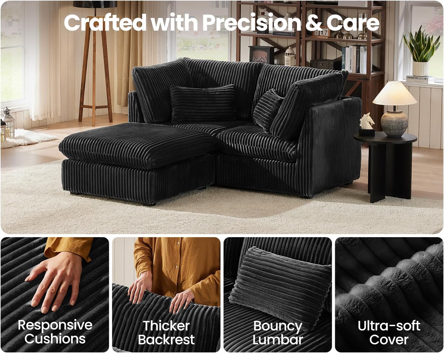 CHIC HOUSE 84" Oversized Corduroy Modular Sectional Sofa, Extra Deep 3-Seater Sofa Fluffy Cloud Couch with Ottoman, Sectional Sleeper Sofa for Living Room, L-Shaped, Plush Corduroy, Black
