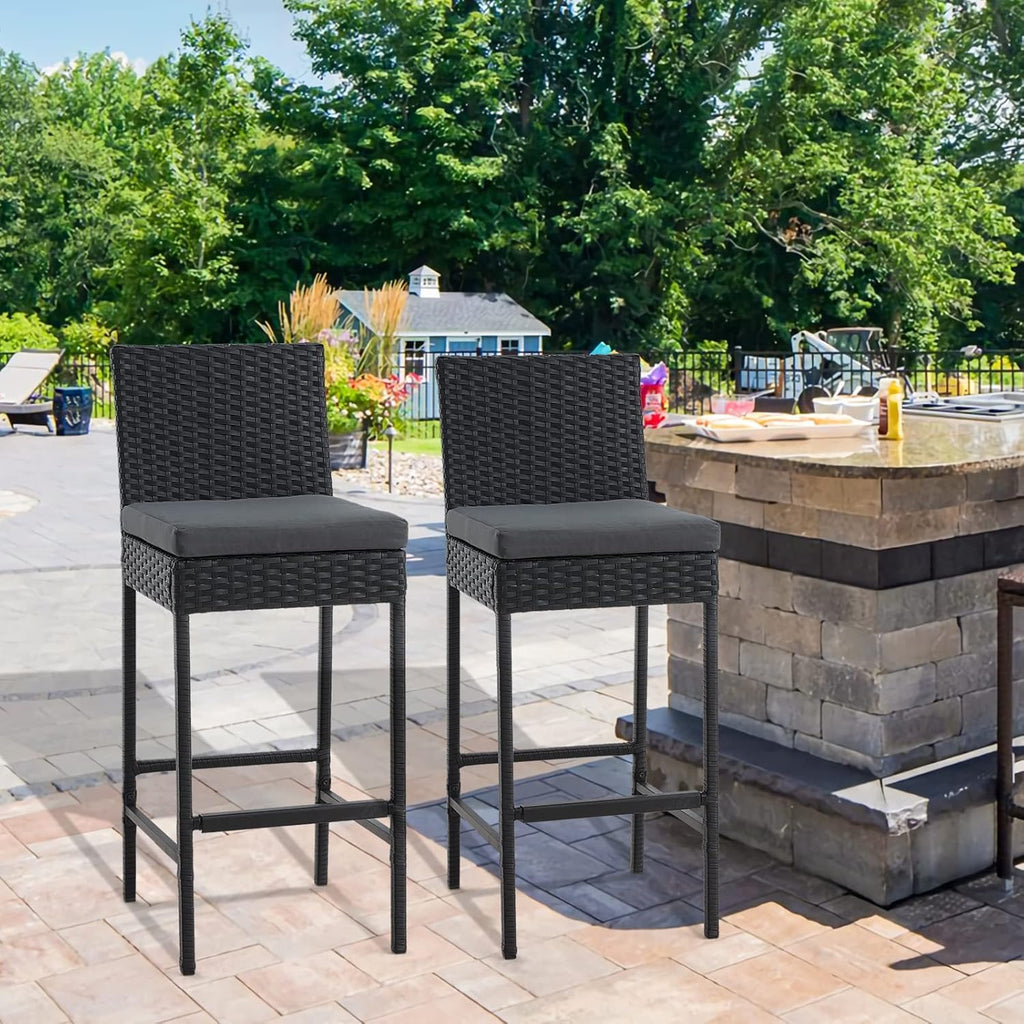 ECOTOUGE Outdoor Bar Stools Set of 4, Wicker Woven Patio Stools & Patio Bar Chairs with Seat Cushion and Cozy Footrest, Rattan Furniture Armless Counter Height for Pool Lawn Porch Backyard, Black