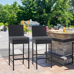 ECOTOUGE Outdoor Bar Stools Set of 4, Wicker Woven Patio Stools & Patio Bar Chairs with Seat Cushion and Cozy Footrest, Rattan Furniture Armless Counter Height for Pool Lawn Porch Backyard, Black