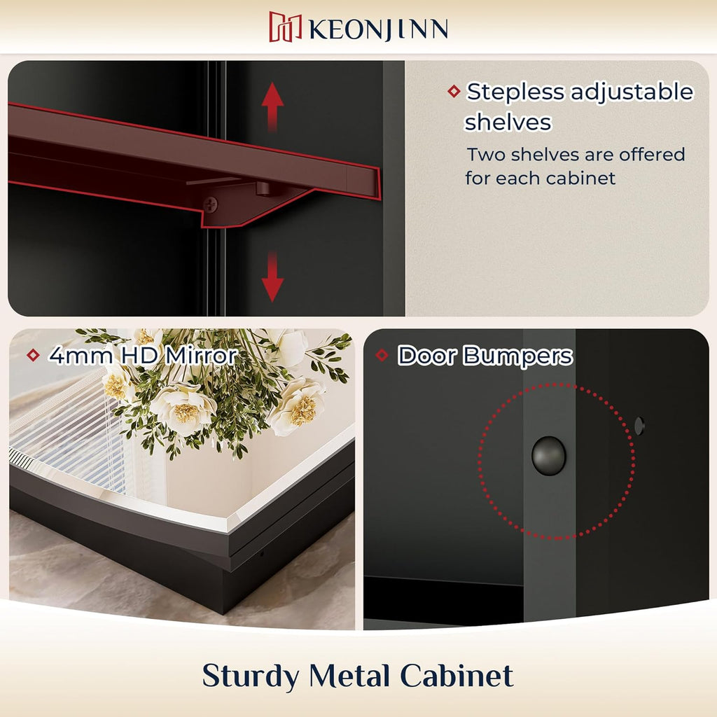 Keonjinn Black Medicine Cabinet with Mirror 20” x 30”, Metal Framed Wall Cabinet with Beveled Mirror, Surface Mount or Recessed Arched Medicine Cabinet for Bathroom,Bathroom Mirror with Storage