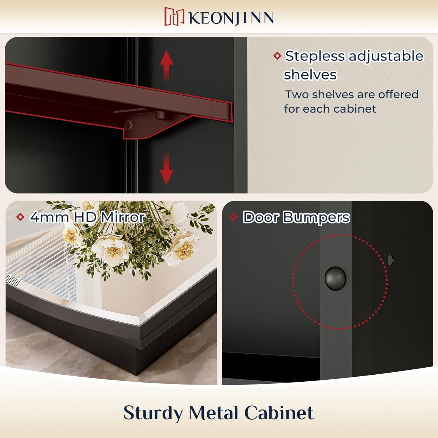 Keonjinn Black Medicine Cabinet with Mirror 20” x 30”, Metal Framed Wall Cabinet with Beveled Mirror, Surface Mount or Recessed Arched Medicine Cabinet for Bathroom,Bathroom Mirror with Storage