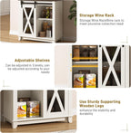 31.5"Wide Farmhouse Coffee Bar Cabinet with LED Light,Wine Bar Cabinet w/2 Storage Hutch,Kitchen Buffet Cabinet w/Sliding Barn Door & Wine and Glass Racks for Kitchen Dining Room(Antique White)