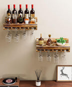Homde Wall Mounted Wine Rack Set, 2 Pack Pine Wood Wine Racks with Glass Holder, Rustic Farmhouse Floating Bar Shelves for Liquor Bottles & Stemware for Home Bar/Kitchen/Living Room Decor