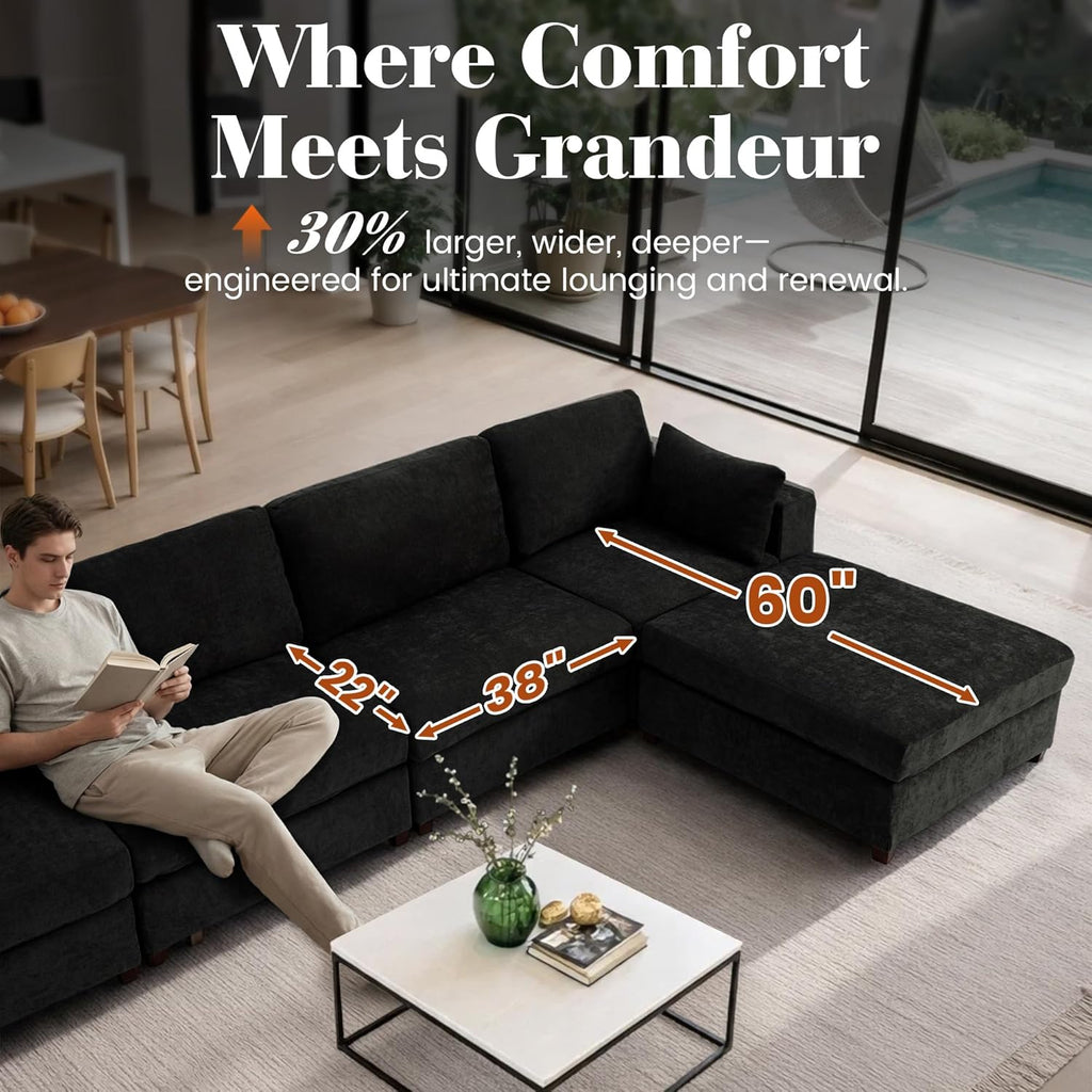 151" Oversized Sectional Sofa Set, Extra Large Modular Couch with Ottoman, Upholstered Linen Cloud Couch Deep Seat Sofa Cushion Covers Removable for Living Room (6 Seater U Shaped Black)
