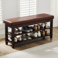 40" Shoe Bench with Leather Cushion, 2-Tier Shoe Rack Entryway Bench, Wood Bench for Front Door Entrance, Mudroom, Hallway, Wooden Shoe Shelves, Shoe Organizer, Shoe Storage, Brown