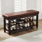 40" Shoe Bench with Leather Cushion, 2-Tier Shoe Rack Entryway Bench, Wood Bench for Front Door Entrance, Mudroom, Hallway, Wooden Shoe Shelves, Shoe Organizer, Shoe Storage, Brown