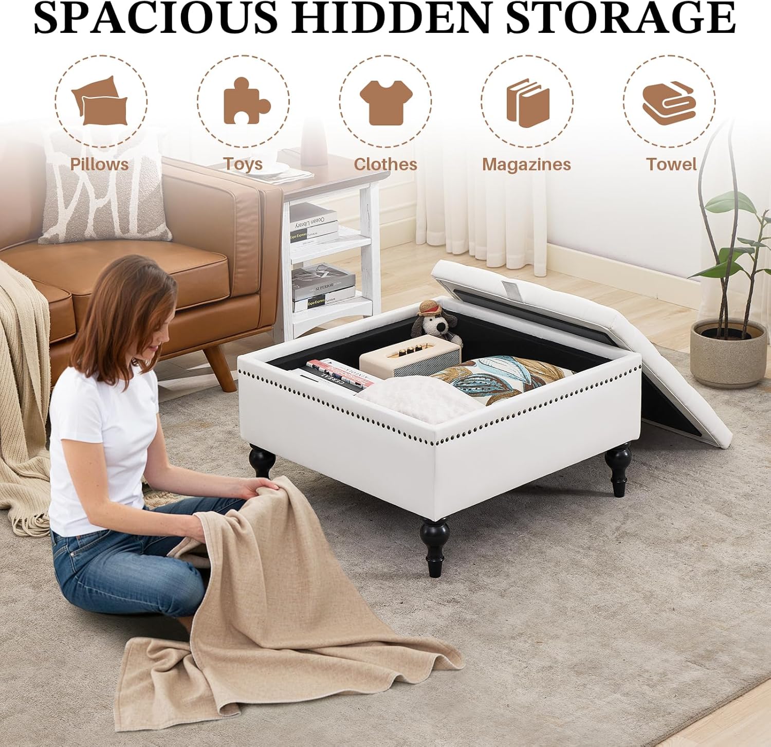 Storage Ottoman Coffee Table, Large Ottoman with Storage Oversized Square Footstool with Anti-Slip Embedded Lid, Tufted Upholstered Ottomans for Living Room, White Faux Leather