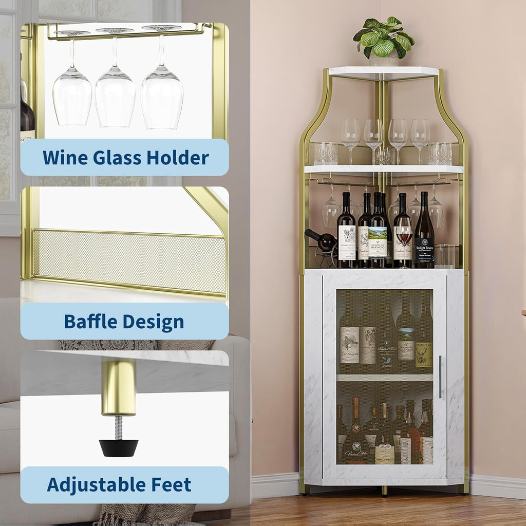 GarveeHome Corner Wine Cabinet with Detachable Wine Rack, 5-Tier Industrial Corner Bar Cabinet with Barn Door and Glass Holder, Farmhouse Buffet Cabinet and Home Bar, Gold