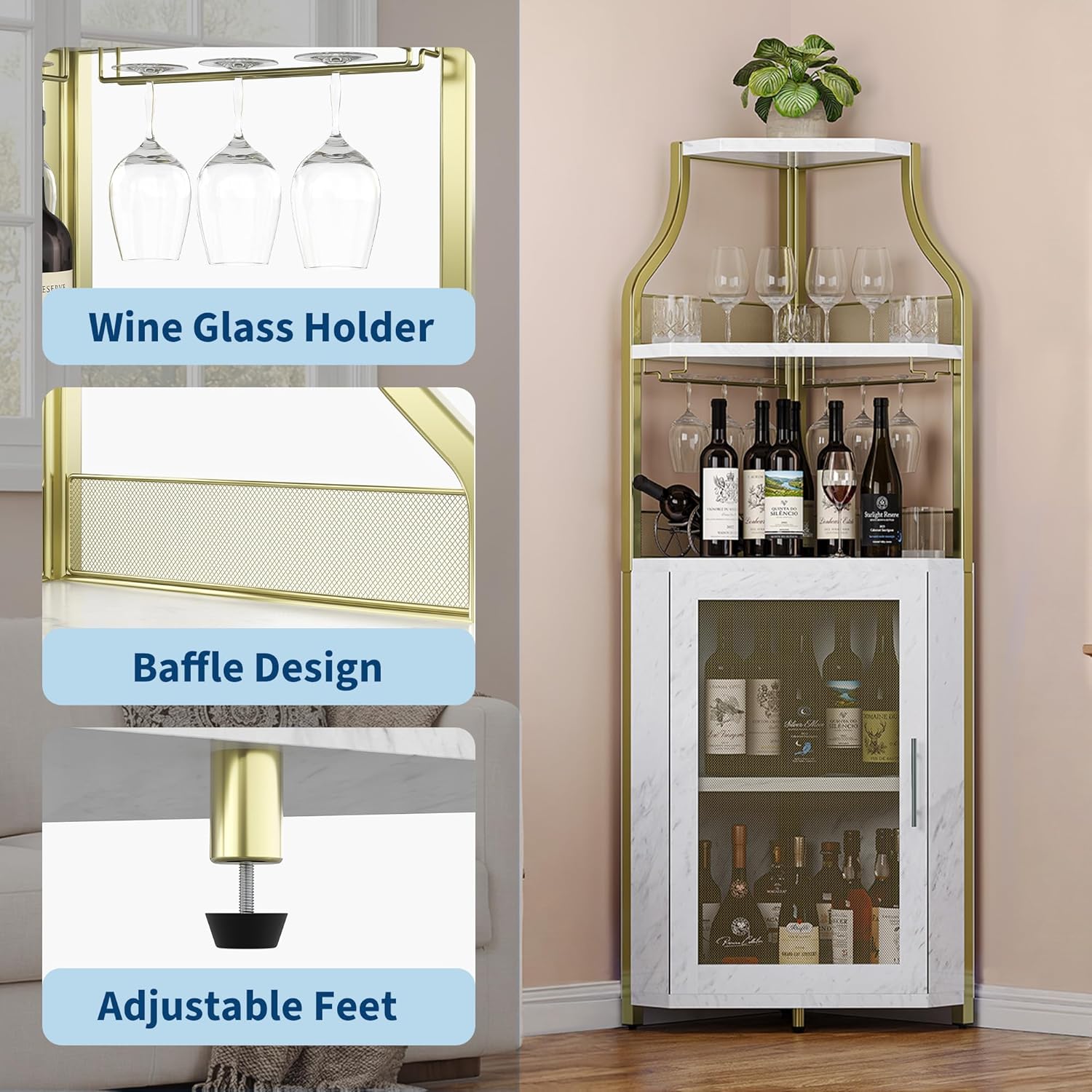 GarveeHome Corner Wine Cabinet with Detachable Wine Rack, 5-Tier Industrial Corner Bar Cabinet with Barn Door and Glass Holder, Farmhouse Buffet Cabinet and Home Bar, Gold