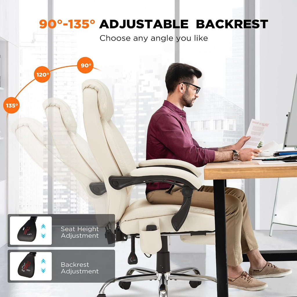 HOMREST Heated Office Chair, Beige | Vibrating Massage, Ergonomic Executive Desk Chair, Retractable Footrest and Lumbar Support, High-Back Reclining PU Leather